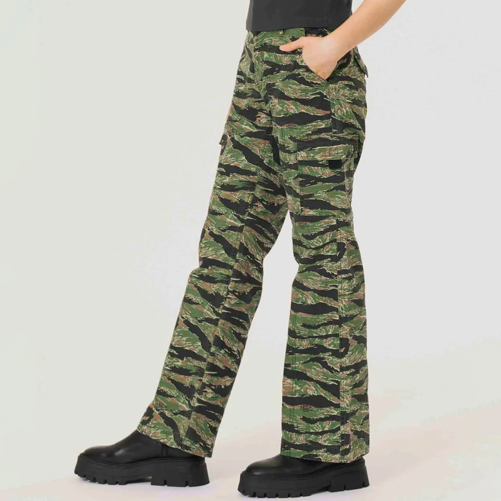 X-Girl Womens Stylish Military Flare Pants – Trendy Cargo Trousers with Flared Hem